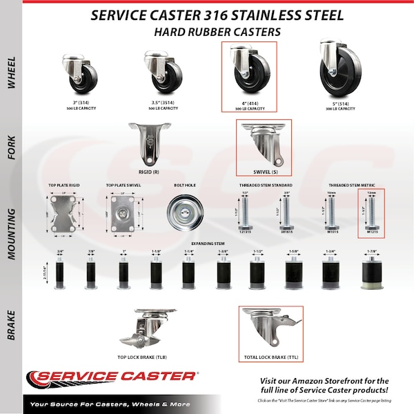 Service Caster 4 Inch 316SS Hard Rubber Swivel 12mm Threaded Stem Caster Lock Brake, 2PK SCC-SS316TSTTL20S414-HRS-M1215-2-S2 - main